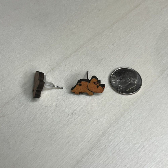 New Handcrafted Handpainted Lightweight triceratops Dinosaur Wood Earrings - Picture 7 of 7